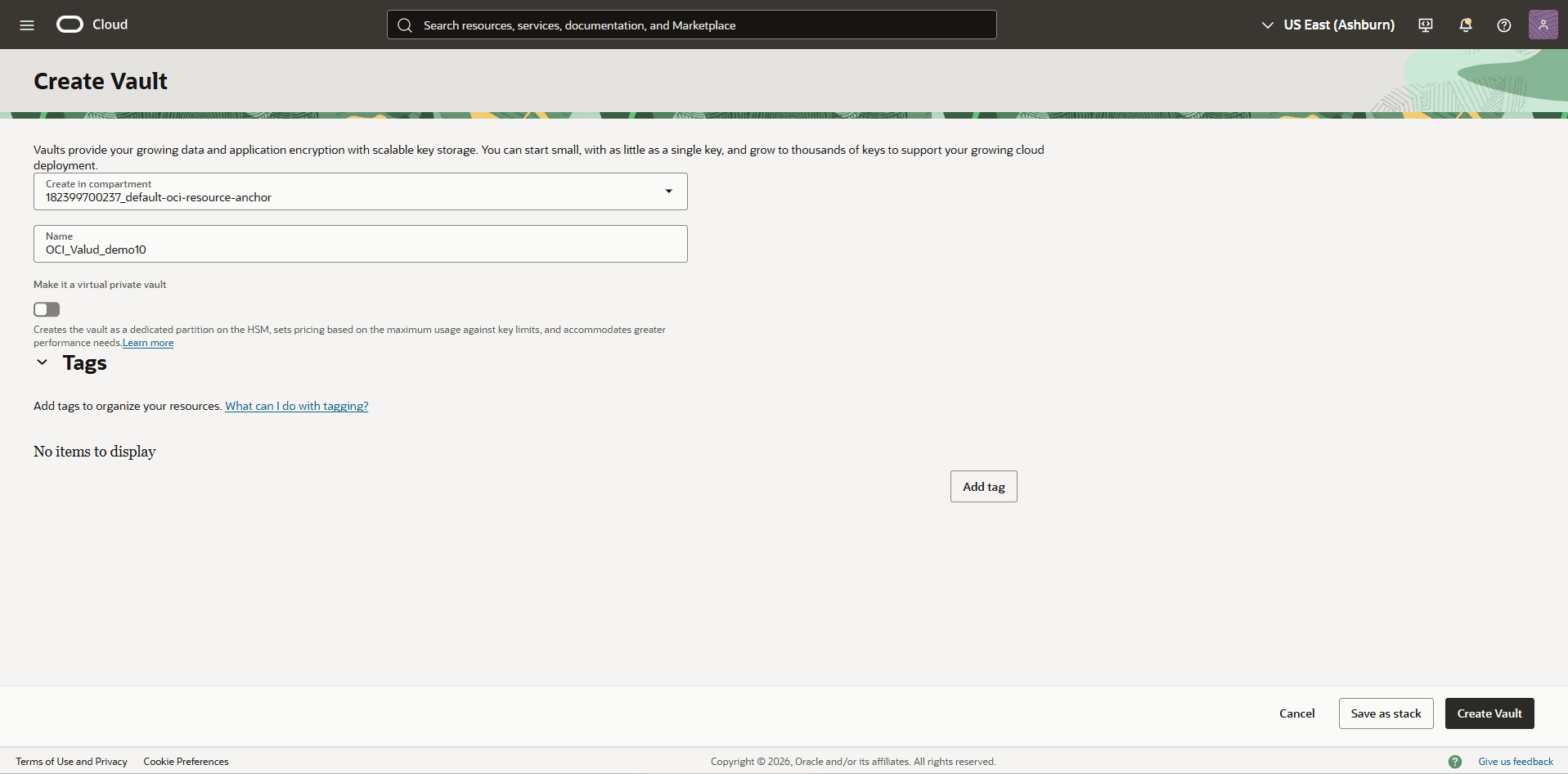 This screenshot shows how to create a vault.