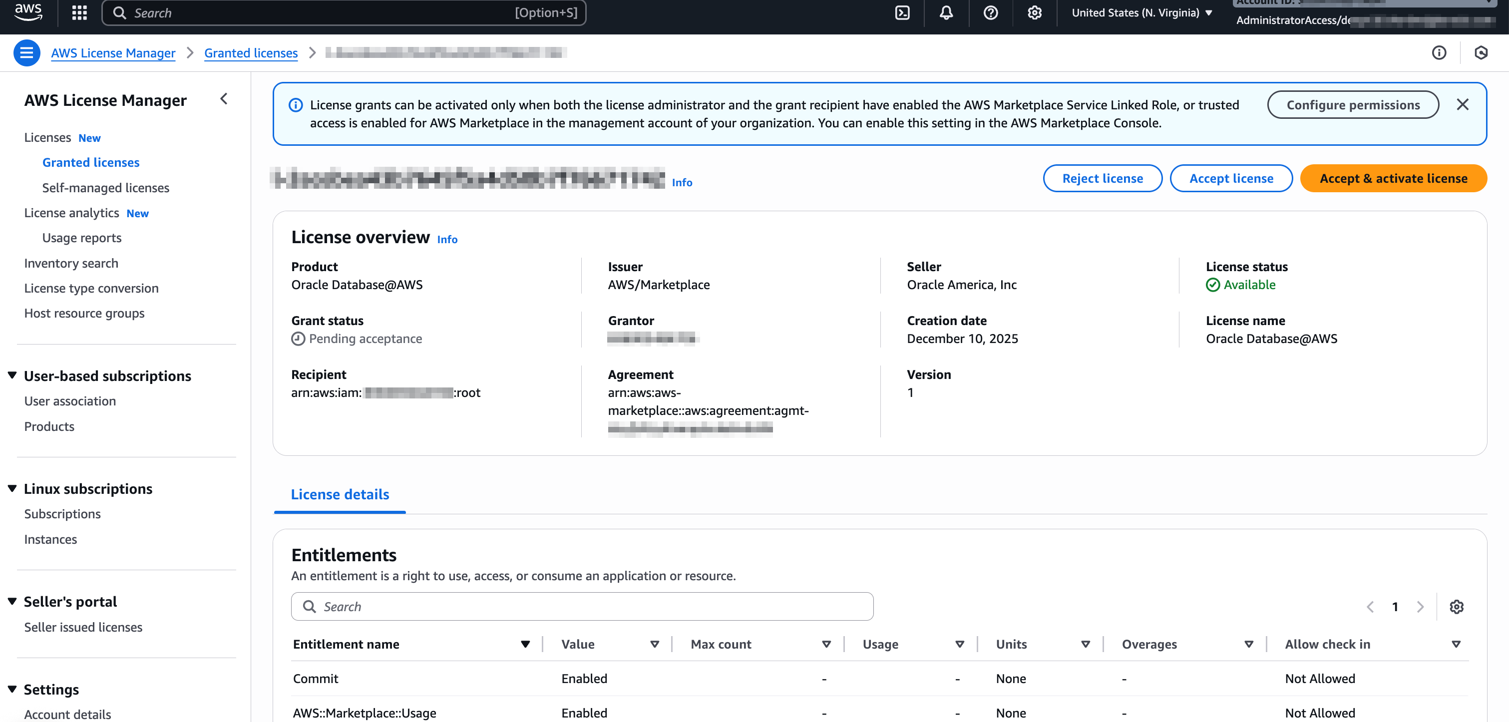 クリックして展開 License Manager (AWS Console)のライセンス詳細ページのライセンスに同意してアクティブ化します。