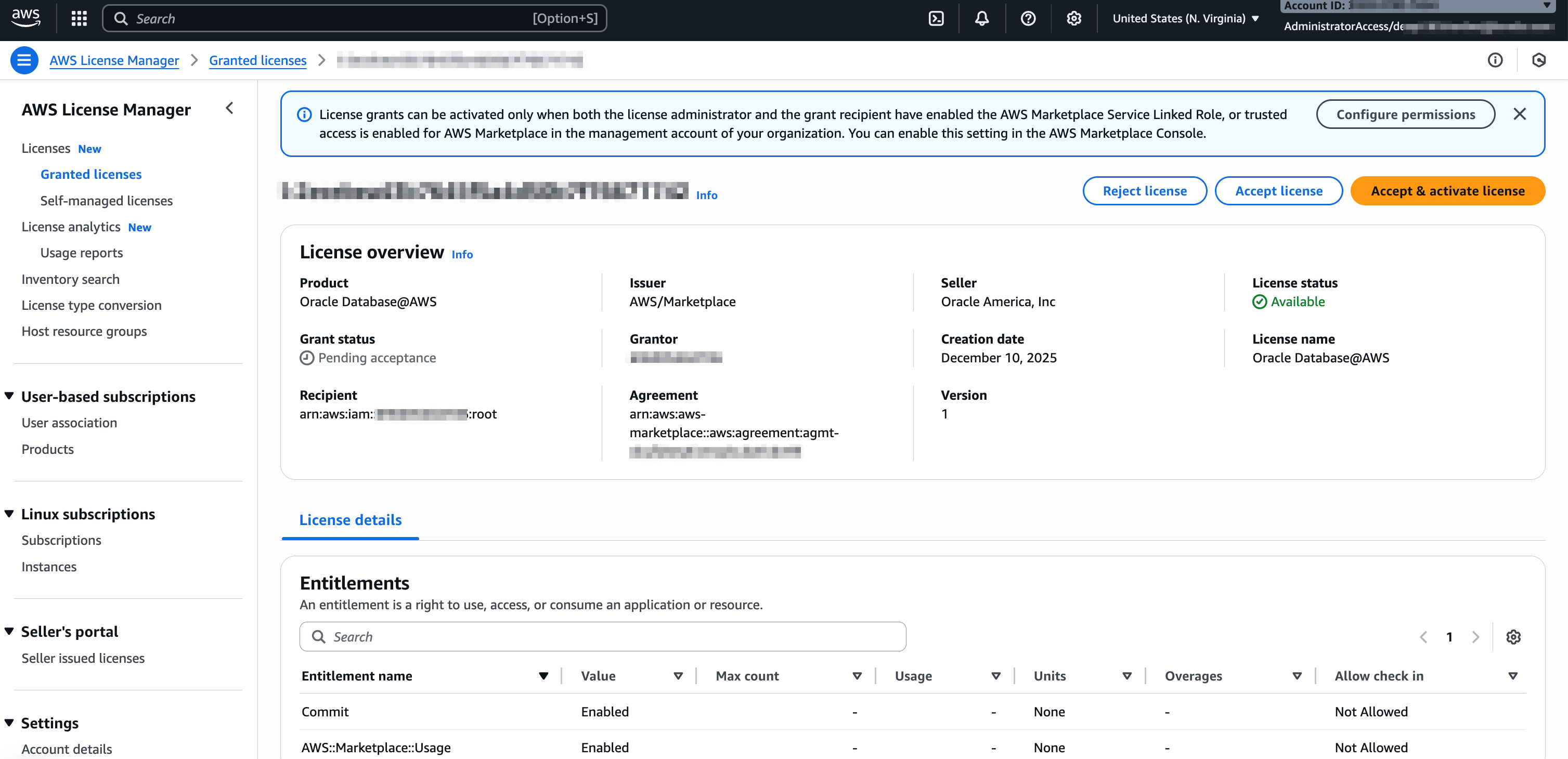 クリックして展開 License Manager (AWS Console)のライセンス詳細ページのライセンスに同意してアクティブ化します。