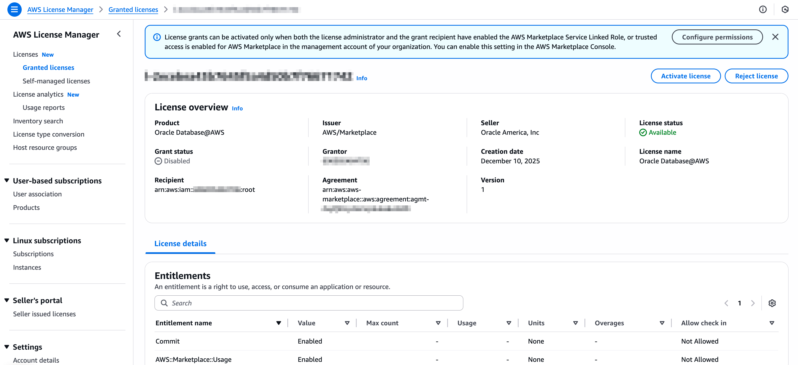 クリックして展開 License Manager (AWS Console)のライセンス詳細ページのライセンスの有効化ボタン。