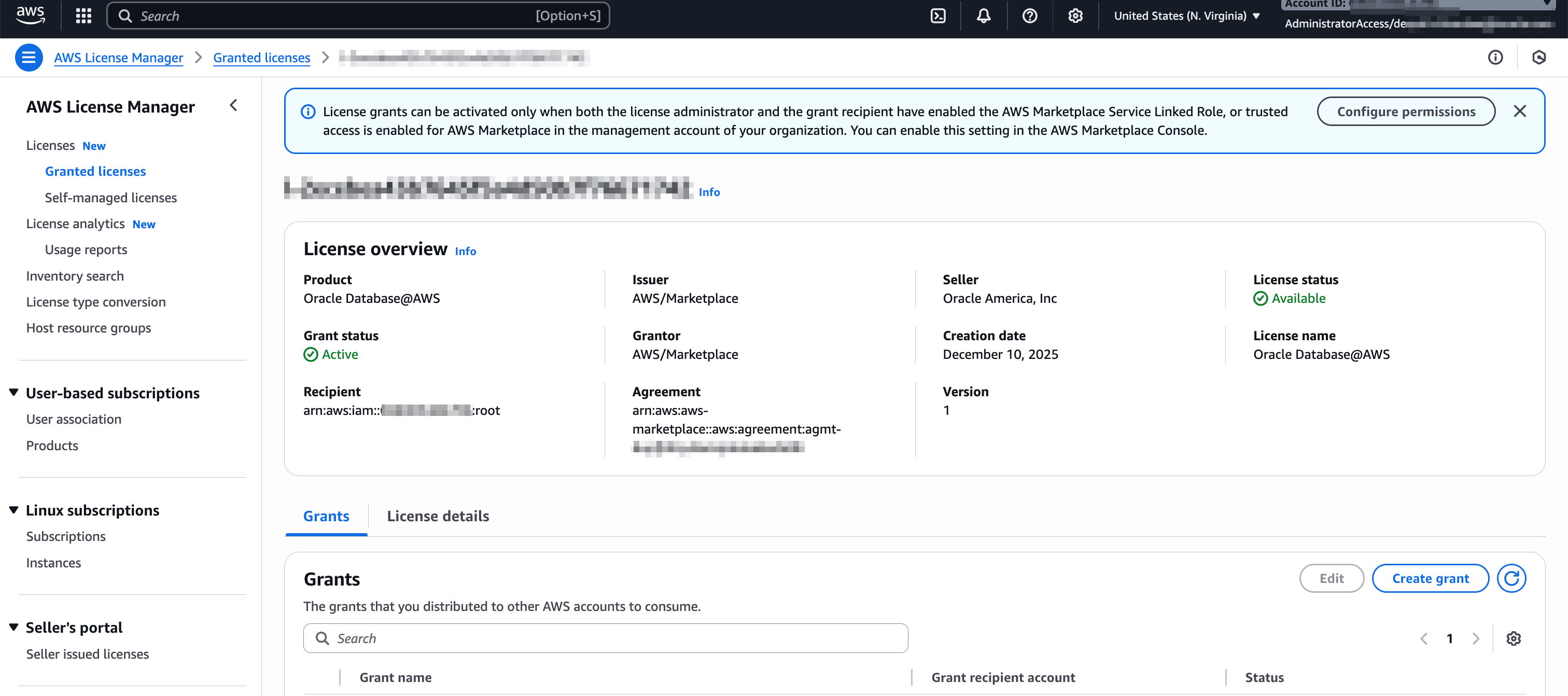 クリックして展開 License Manager (AWS Console)のライセンス詳細ページ。
