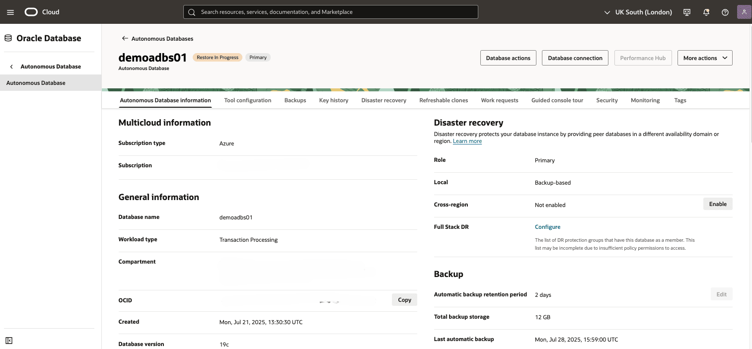 This screenshot shows the point-in-time restore of an Autonomous AI Database. This screenshot shows the point-in-time restore of an Autonomous AI Database.
