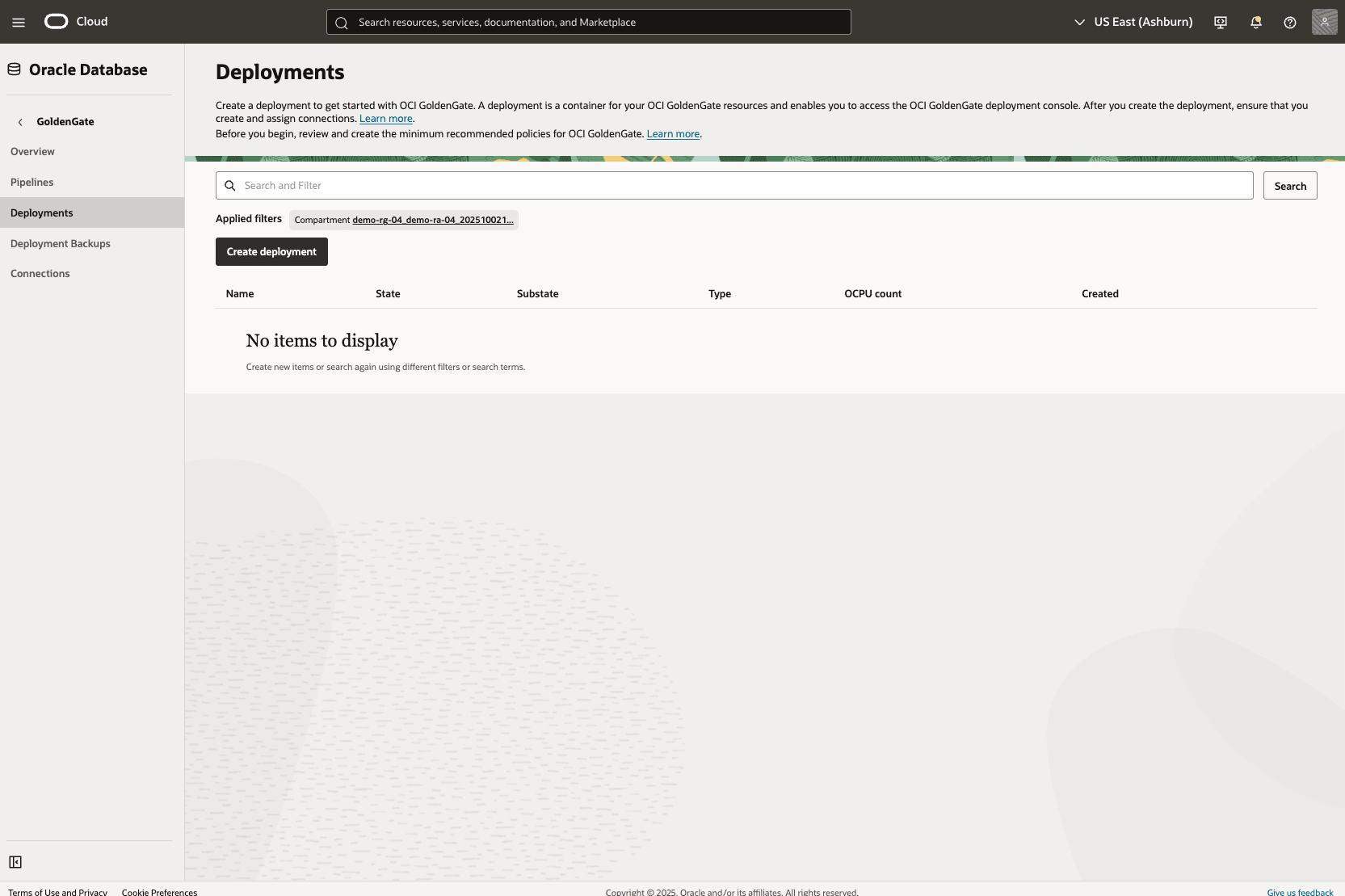 このスクリーンショットは、GoldenGateデプロイメントを作成する方法を示しています。