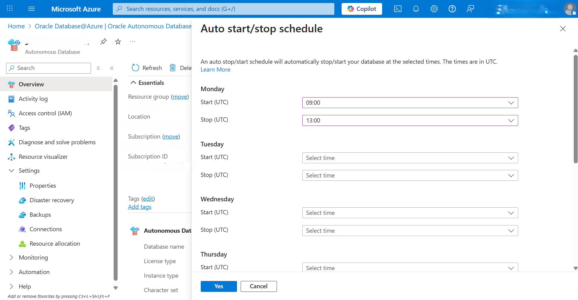 This screenshot shows how to schedule the automatic start and stop of your Autonomous AI Database. This screenshot shows how to schedule the automatic start and stop of your Autonomous AI Database.