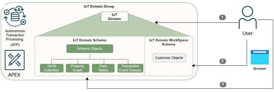 この図は、APEXのIoTデータにアクセスするフローを示しています。