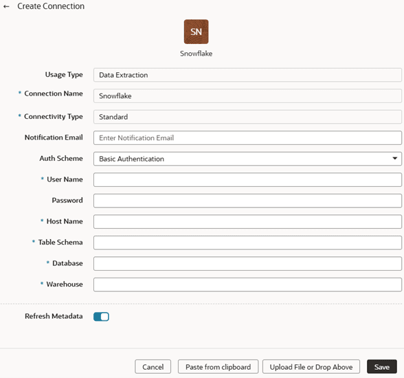 Basic認証を使用したスノーフレーク接続の作成 Basic認証を使用したスノーフレーク接続の作成