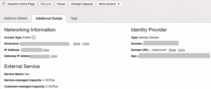関連するOracle Analytics Cloudインスタンスのサービス管理容量および顧客管理容量