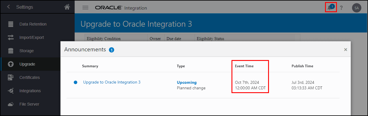「イベント時間」が強調表示された「Oracle Integration 3へのアップグレード」のお知らせを示す「お知らせ」ダイアログ(テキストを参照)
