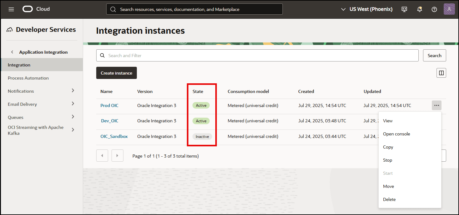アクティブおよび非アクティブな状態を示すOracle Integrationインスタンスのリスト