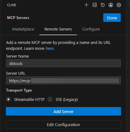 この図は、Cline拡張の「サーバー名」および「サーバーURL」フィールドを示しています。