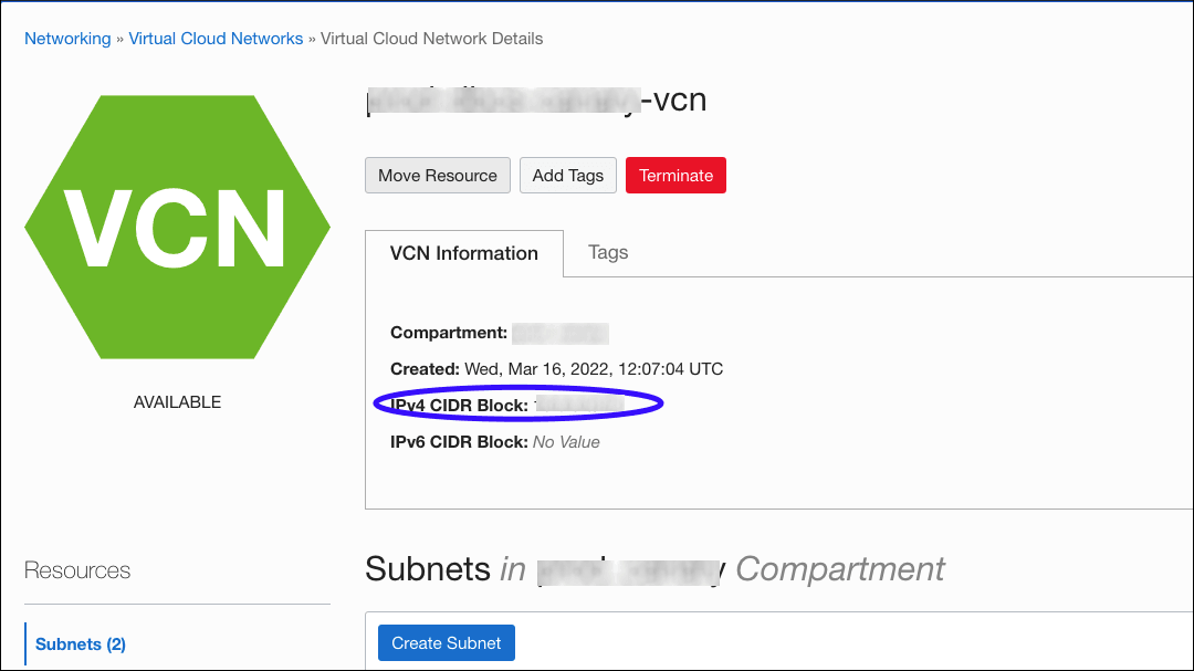 図は、VCNの詳細ページを示しています。