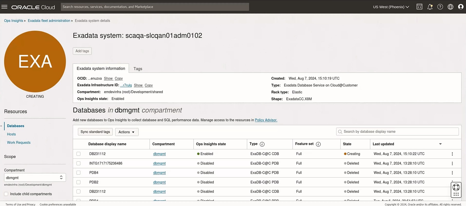 Exadata Database Service on Cloud@Customerシステム・ページ