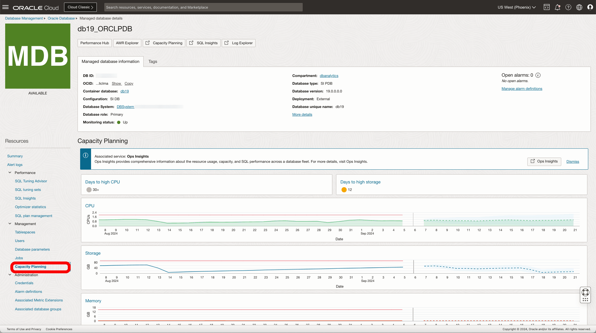 データベース管理のOps Insights Capacity Planning