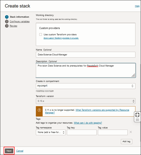 スタック情報ページで「次へ」をクリックします。