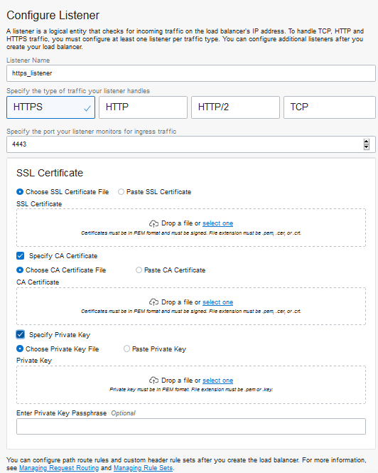 リスナーの構成ページ、SSL証明書の追加