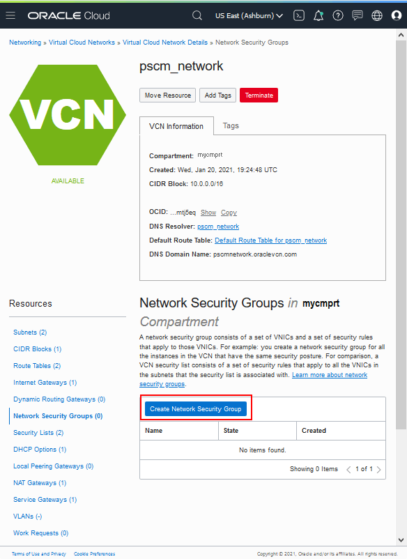 「ネットワーク・セキュリティ・グループの作成」ボタンが表示された「Virtual Cloud Network Details」ページ