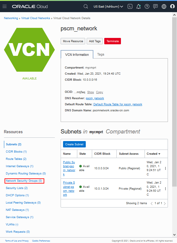 「Virtual Cloud Network Details」ページ