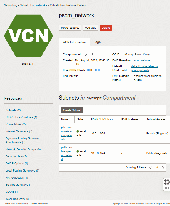 Virtual Cloud Networksの詳細ページ