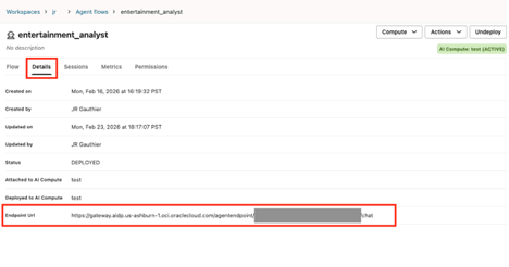 「エンドポイントURI」フィールドが強調表示された状態でオープンしているエージェントの詳細ページ