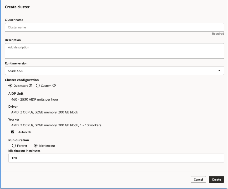 「Quickstart radial」オプションが選択された状態で「Create cluster」ダイアログが開きます