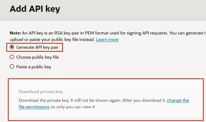「Generate API key pair」が選択され、「Download private key」が強調表示された状態で「Add API key」ページがオープンします