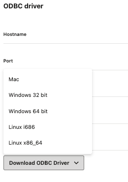 「ODBC Driver OS」ドロップダウンが開き、Mac、WindowsおよびLinxオプションが表示されています