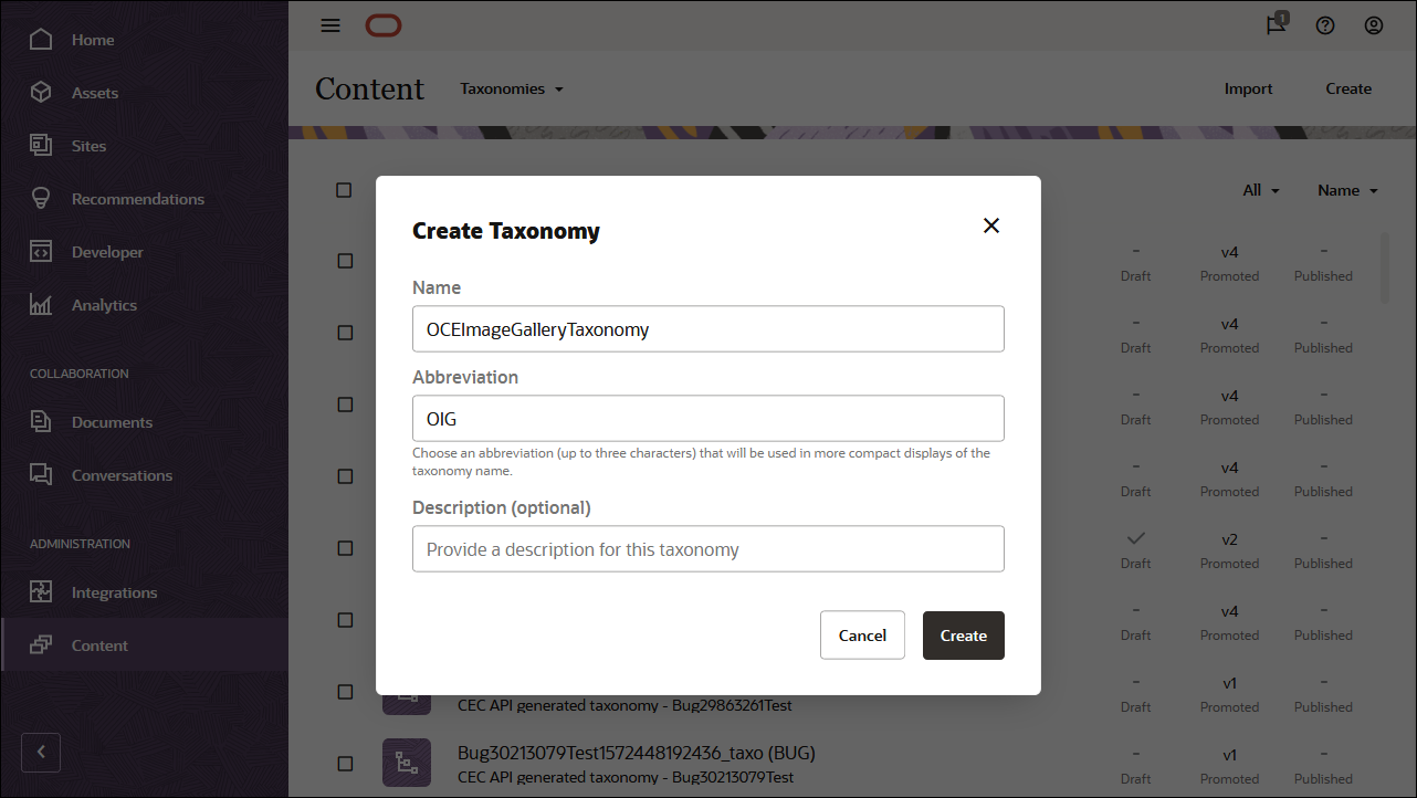 この図は、タクソノミ名フィールドにOCEImageGalleryTaxonomyがあるタクソノミ定義パネルを示しています。
