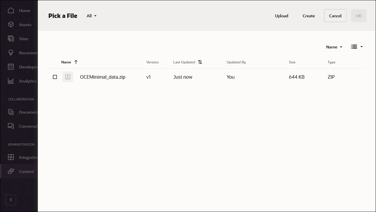 この図は、OCEMinimal_data.zipファイルのアップロード確認画面を示しています。