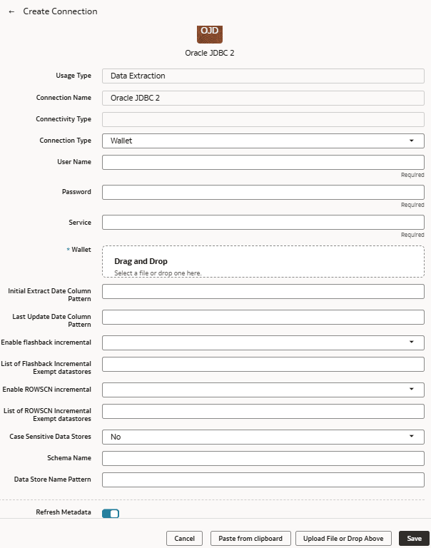 Wallet接続タイプと他のパタメータが表示されているOracle JDBC接続ダイアログ Wallet接続タイプと他のパタメータが表示されているOracle JDBC接続ダイアログ
