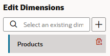 「ディメンションの編集」ダイアログ。既存のディメンション「Product」を選択するか、新しいディメンションを入力して追加するオプションがあります。