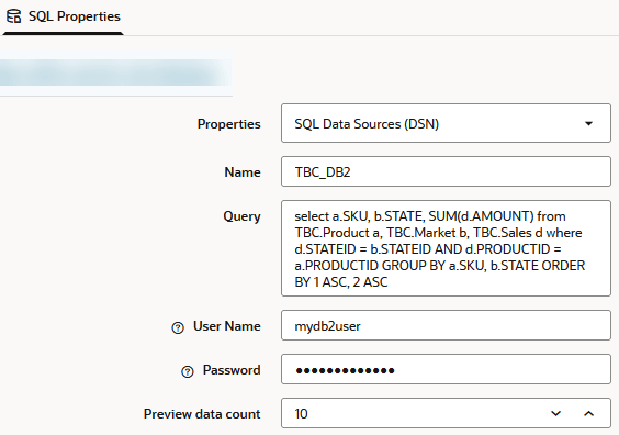 「SQLプロパティ」ダイアログ。「プロパティ」オプションには、「SQLデータ・ソース(DSN)」が選択されています。「名前」は、「TBC_DB2」です。「問合せ」フィールドには、SQL問合せが示されています。DB2のユーザー名とパスワードが入力されています。