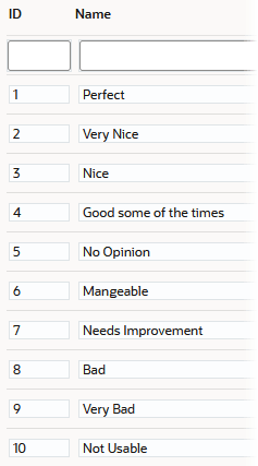 ResponseValuesという名前のテキスト・リスト・オブジェクトには、ID 1が「Perfect」に、ID 2は「Very Nice」に、ID 3が「Nice」に、ID 4が「Good some of the times」に、ID 5が「No Opinion」に、などがマップされています。合計で10個の数値のIDが肯定的な回答から順番にマップされています。 ResponseValuesという名前のテキスト・リスト・オブジェクトには、ID 1が「Perfect」に、ID 2は「Very Nice」に、ID 3が「Nice」に、ID 4が「Good some of the times」に、ID 5が「No Opinion」に、などがマップされています。合計で10個の数値のIDが肯定的な回答から順番にマップされています。