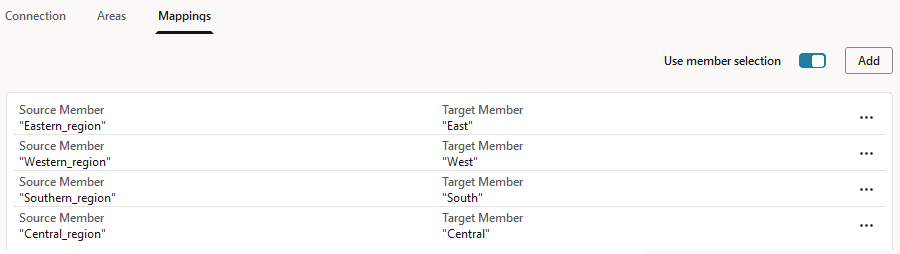 レプリケート・パーティションの「マッピング」タブのイメージ。"East"から"Eastern_region"、"West"から"Western_region"、"South"から"Southern_region"、および"Central"から"Central_region"へのマッピングを示しています。