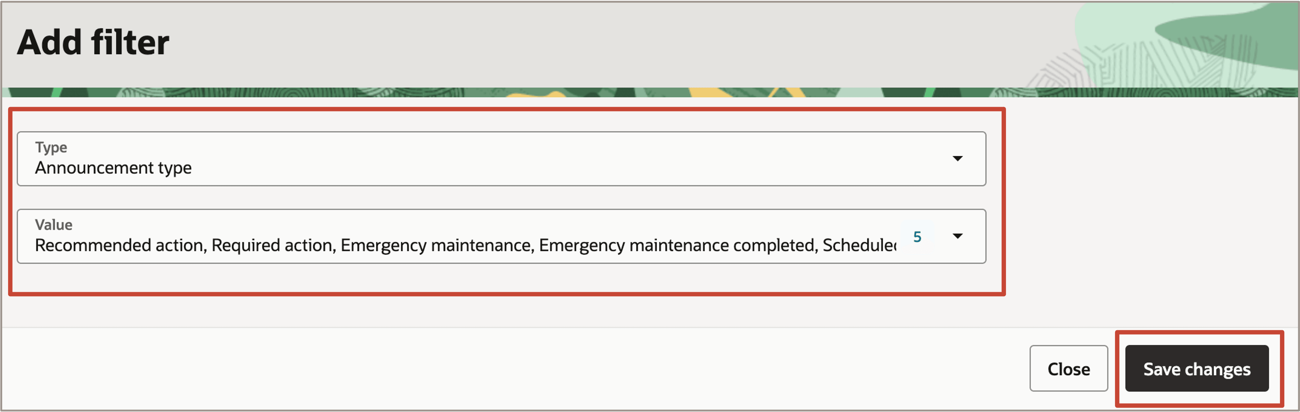 Oracle Exadata Database Service on Dedicated Infrastructure用に構成されたサービスおよびお知らせタイプのフィルタを示すイメージ
