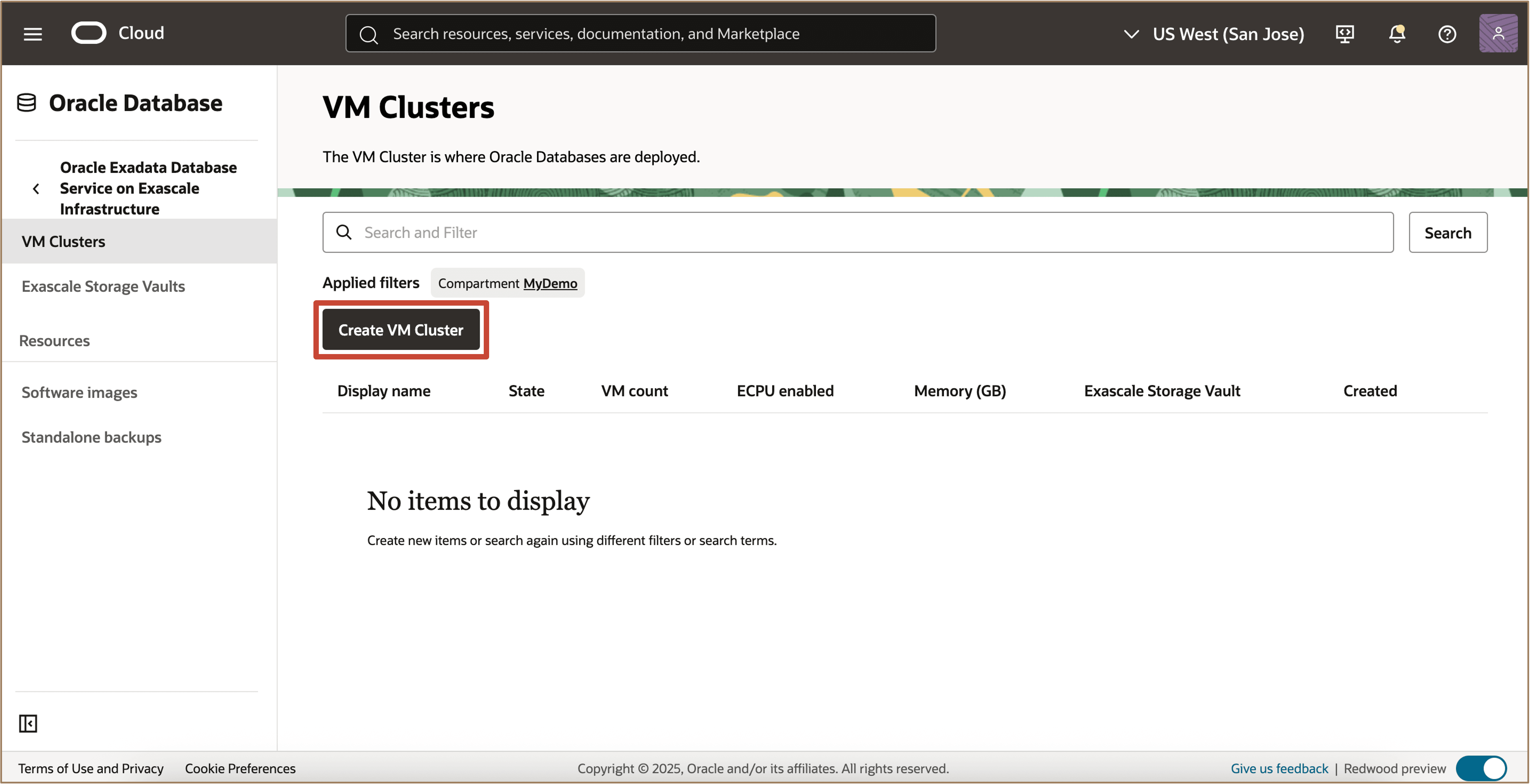Exadata VMクラスタを作成するオプションを示すイメージ
