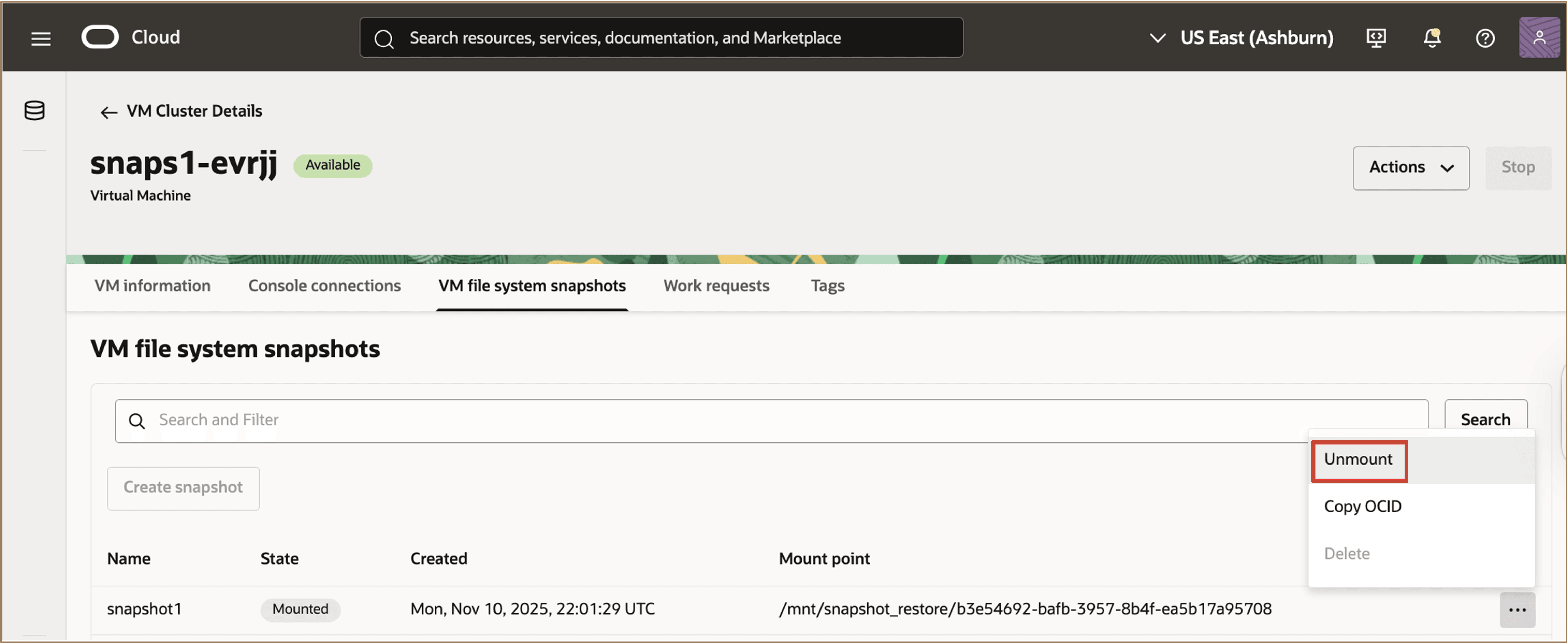 VMファイルシステムスナップショットをアンマウントする方法を示すイメージ