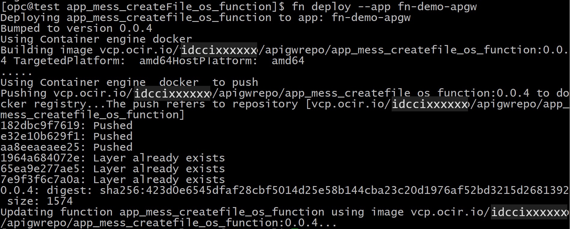 Oracle Cloud Infrastructure Container Registryへのファンクションのデプロイ