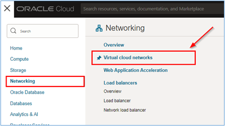 Virtual Cloud Networksサービス・ページにアクセスします