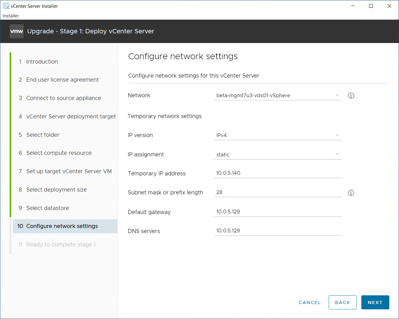 vCenter Stage1のアップグレード- ネットワーク設定の構成
