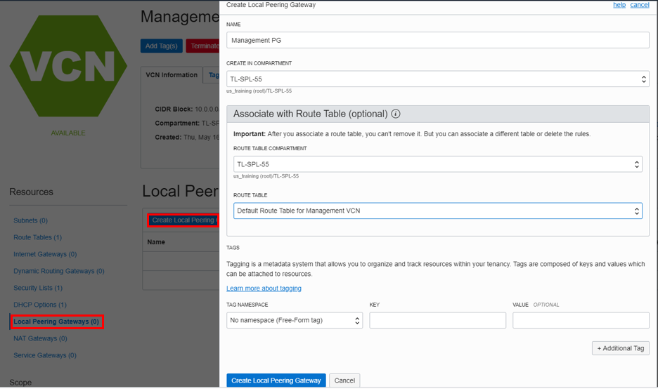 ローカル・ピアリング・ゲートウェイ設定の作成