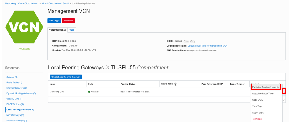 ローカル・ピアリング・ゲートウェイ設定