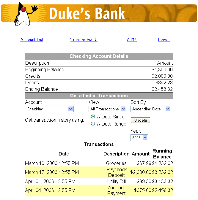 Screenshot showing a page from the web client that displays the account history.