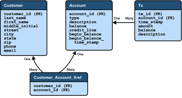 A diagram showing the bank_customer, bank_account, bank_tx, and bank_customer_account_xref database tables and their relationships.