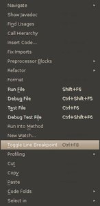 Editor with right-click menu shown, and Toggle Line Breakpoint selected