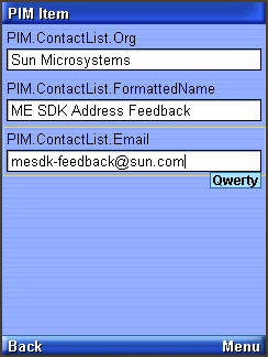 PIM Item being entered for contact list