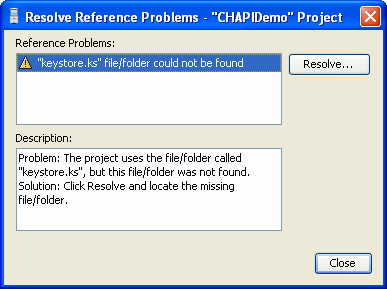 keystore.ks not found in CHAPIDemo with Resolve Reference Problems dialog