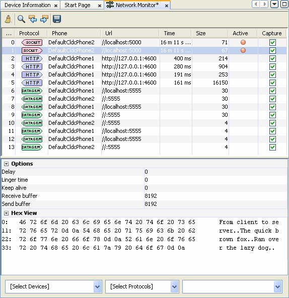 network monitor showing sockets, http and datagrams