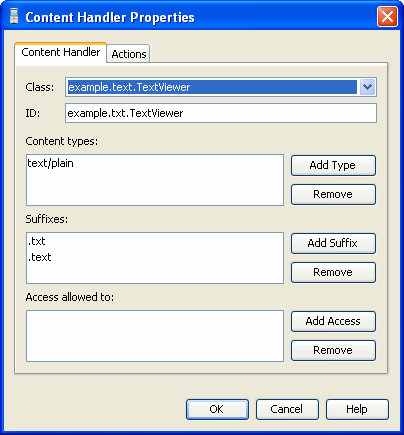 content handler properties window defines handler and actions