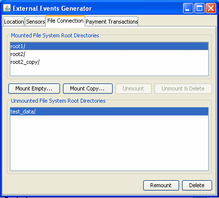External event generator window with File Connection tab selected