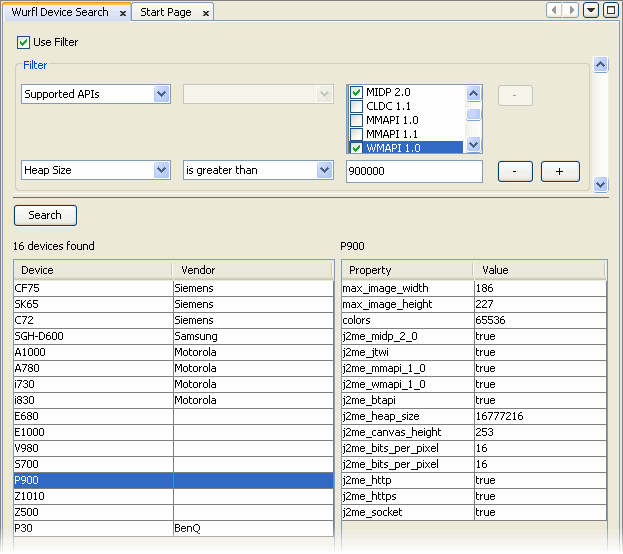 WURFL Device Search Window